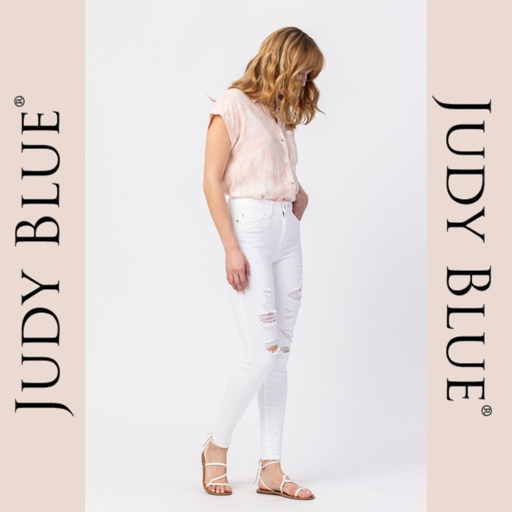 JUDY BLUE | Mid-Rise White Destroyed Skinny Jeans - Style #82280 NWT - Picture 1 of 7